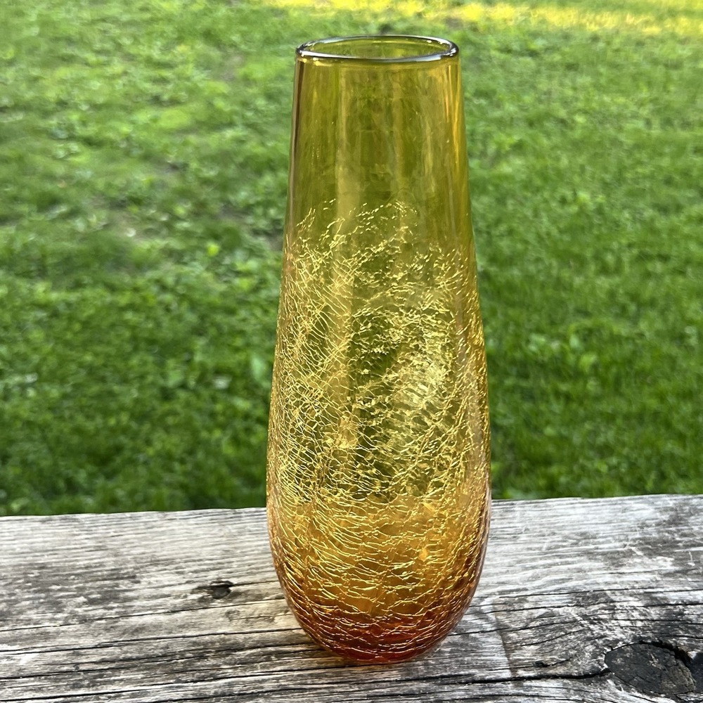Amber Crackle Glass Tall Bud Vase Mid Century Modern Boho Art Glass Decor - Picture 4 of 9